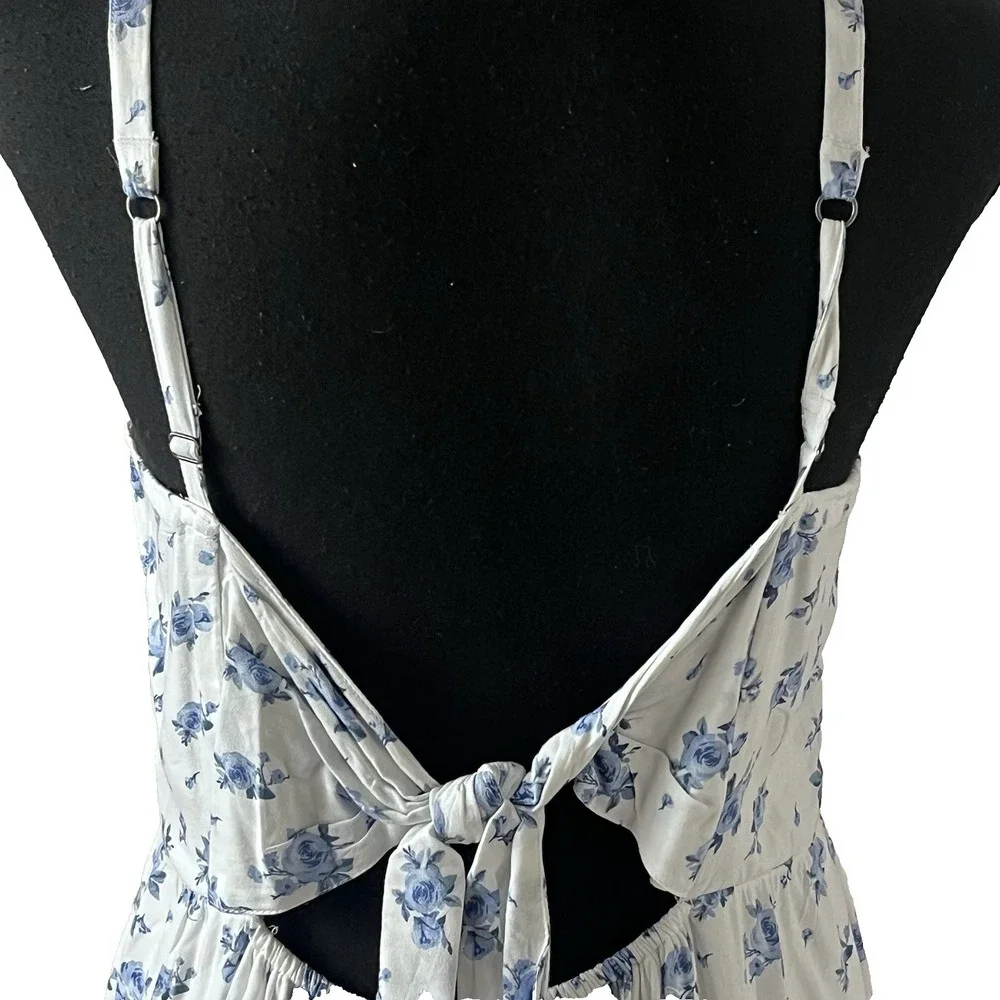 Blue Floral Babydoll Mini Dress Women's M Tiered Ditsy Cottagecore - Picture 8 of 9